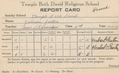 Garten, Zalman 5, Temple Beth David, Religious School, Report Card, 1940-1941