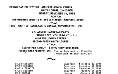 Kehilat Shalom, Study and Festival Event Notice, 1994-1995