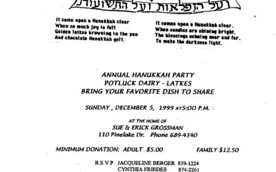 Kehilat Shalom, Hanukah Pot Luck Notice, 1999